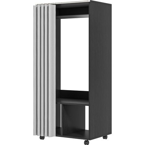Armoire penderie roulante avec rideau, meuble de rangement en panneaux de particules noir, tringle de suspension incluse (1/5)