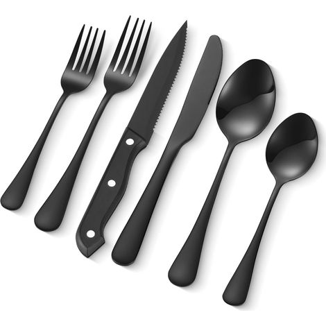 Besteckset für 8 Personen, 48-teiliges Essbesteck-Set aus lebensmittelechtem Edelstahl, Spülmaschinenfestes Essgeschirr für die Küche, inkl. Messer Gabel Löffel, Schwarz (1/5)