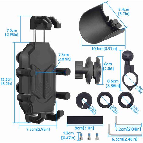 Supporto per cellulare da moto, rotazione a 360 gradi, morsetto per manubrio in lega di alluminio e nylon.