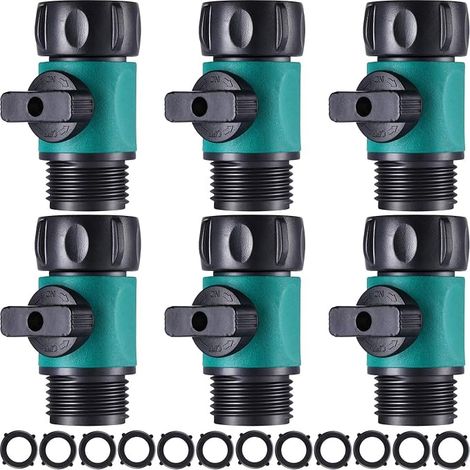 Juego de 6 válvulas de cierre para manguera de jardín, de plástico, compatibles con roscas estándar de 3/4", conector rápido, color verde. (1/5)