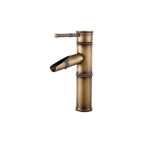 Robinet de salle de bain cascade en laiton antique, mitigeur pour lavabos, design bambou et 2 joints à ouverture rapide.