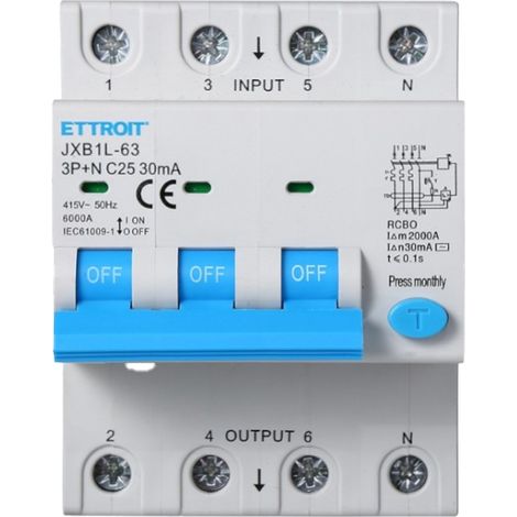 Interrupteur thermique magnétique différentiel Ettroit 3P+N 25A 30mA 380V-6KA JX262561 (1/4)