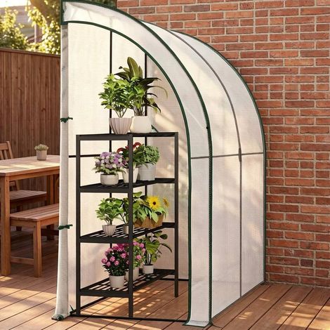Serre de jardin adossée 200x100x210 cm blanche en métal et polyéthylène avec 2 portes relevables