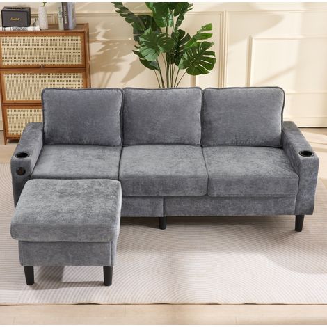 Sofa 3-Sitzer L-Form mit USB und Getränkehaltern Leinen OKMYHOME (1/5)