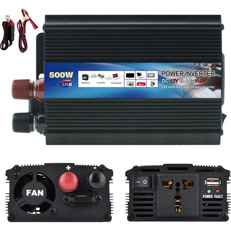 Onduleur 500 W, convertisseur de tension DC 12 V vers 220 V, prise de courant de voiture avec prise allume-cigare pour voiture, chargement d'ordinateurs portables, téléphones portables et autres (1/5)