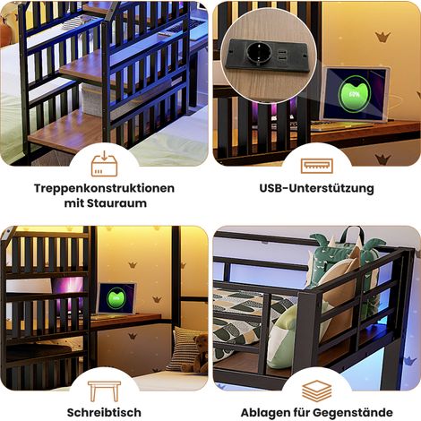 Lit superposé 3 couchages 90x200 cm, structure noire avec éclairage LED intégré, échelle avec rangement, 2 ports USB + 1 prise, bureau et étagère inclus, sans matelas (1/5)