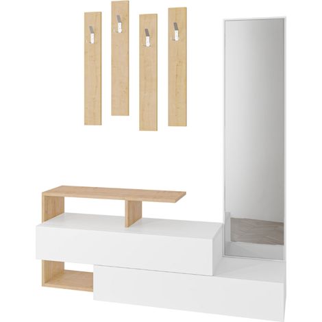 Concept-Usine – Ensemble de meubles d'entrée blanc avec porte-manteaux – 6 espaces de rangement – Dimensions 137 x 35 x 54,5 cm – Design moderne (1/4)