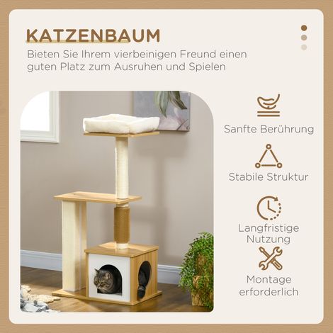 Arbre pour chat avec cabane, 1 espace repos, 1 plateforme de sieste, 59,5 x 39,5 x 114 cm, marron et blanc