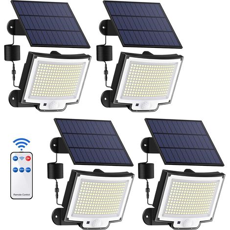 Lampe Solaire Extérieure - 328 LED - Détecteur de Mouvement - Télécommande Incluse - Câble 5 M - Pour Terrasse Jardin Clôture - 4 Unités