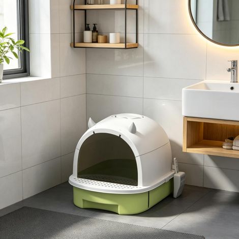 Maison de toilette pour chat, bac à litière fermé, porte translucide anti-éclaboussures, bac transportable, espace privé pour votre chat à l'intérieur (1/5)