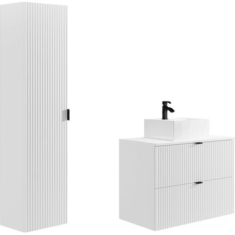 Mobile per bagno sospeso con scanalature e lavabo da appoggio e colonna 80 cm Bianco opaco  - ZEVINI