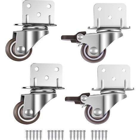 Roulettes pivotantes HOWDIA 1" avec frein, support en L, fixation latérale, caoutchouc TPR, pour petits meubles, silencieuses et discrètes. (1/5)