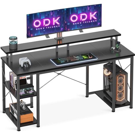 Bureau gamer avec étagère réversible et support écran 120x50cm noir (1/5)