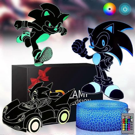 Veilleuse Sonic 3D - Lampe décorative à 3 motifs et 16 couleurs changeantes avec télécommande et commande tactile intelligente, cadeau de Noël et d'anniversaire pour les fans de Sonic
