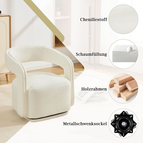 Fauteuil pivotant 065, rotation 360°, style tonneau scandinave, chaise lounge cosy pour salon et espace lecture, siège d'appoint en tissu chenille blanc texturé. (1/5)