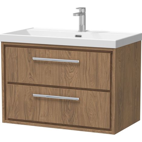 Longnor 2 Drawer Wall Hung Vanity Unit with 1 Tap Hole Thin Edge Basin, Antique Oak, 800mm