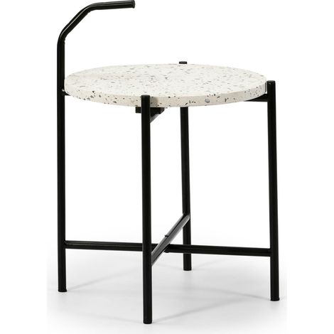 Beistelltisch Runder Couchtisch TAMPA mit weißer Terrazzo-Platte und mattschwarzen Metallbeinen / Durchmesser: 41 Cm