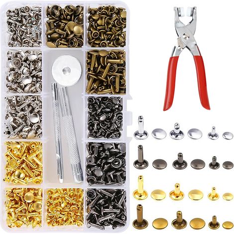 Rivet Cuir, Lot de 180 Rivet Couture Rivets Creux pour Cuir avec Pince à Riveter Et Pince Perforatrice 12 Mm 8 Mm 6 Mm Rivets en MéTal Double Capuchon pour Bricolage Artisanat Couture (1/5)