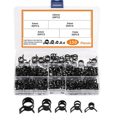 150 Pièces Colliers De Serrage À Ressort, Zinc Noir, 6/7/8/9/10 Mm, Pour Tuyaux Carburant/Eau/Air/Vide En Silicone, Bricolage Auto & Maison (1/5)