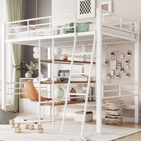 Letto a soppalco 90x200 cm, senza materasso, letto con scrivania, diversi ripiani, binari, scala- Bianco (1/5)