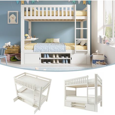 Lit superposé enfant 90x200 cm, bois massif, Lit mezzanine avec avec Bureau Pliable et Étagère à Chaussures - sommier à lattes, barrière de sécurité, 2 places, design moderne - Blanc