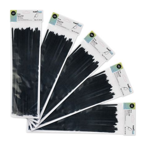 Sacchetto da 100 fascette nere 4,8x200 mm. 100% nylon 66 resistente e durevole.