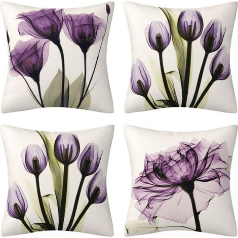 Set mit 4 Leinenkissenbezügen im Bohème-Stil, lila Blumenmuster, 45x45 cm, für Wohnzimmer, Sofa, Bett. (1/5)