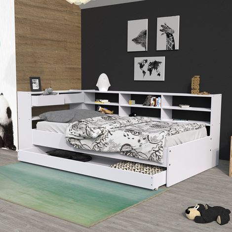 Bett ROLLER 90x190 + 1 Lattenrost + 1 Schublade + Regale / Weiß/ 217x120x83