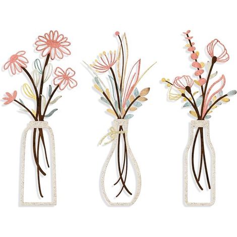 Ensemble de 3 décorations murales florales en métal - Fleurs en métal pour le mur - Décoration suspendue en fer - Vase - Style minimaliste - Décoration murale - Décoration intérieure - Pour salon, cha (1/5)