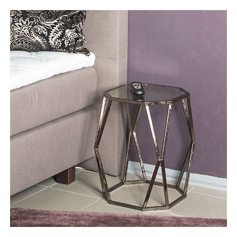 Table d'appoint octogonale 37x50 cm en verre et métal bronze antique