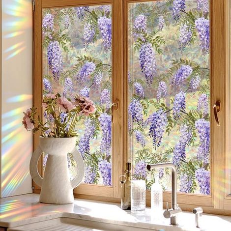láminas adhesivas para ventanas con diseño de flores moradas arcoíris，3D，flores de glicinia，45 x 100 cm (1/5)