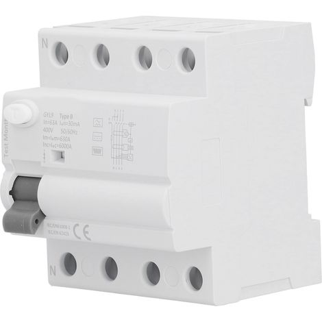 Disjoncteur différentiel 4P 63A 30mA 400V GYL9-B, interrupteur de protection de courant résiduel, disjoncteur de fuite à la terre, 4 pôles, pour tableau électrique. (1/5)