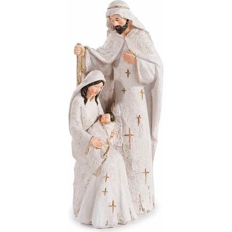 Statuina Presepe Sacra Famiglia con scena Natività, realizzata in resina con dettagli in oro, set da 2 pezzi, cm 9,5 x 10 x 22,5 H