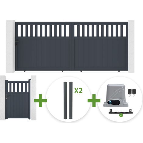 Portail coulissant 3,7m SANTIS H.160cm aluminium gris + 4 poteaux ELDA + Portillon 1m SANTIS H.160cm aluminium gris + motorisation Ranger C300 (1/5)