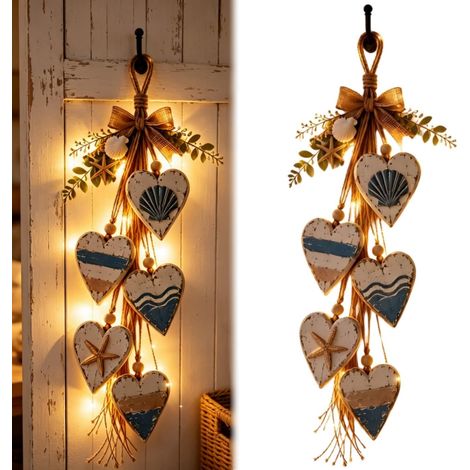 Décoration Murale en Bois en Forme de Cœurs, 5 Cœurs Rustiques avec Corde en Jute, Nœud en Toile et LED pour Porte, Entrée et Chambre, Cœur bleu (1/5)