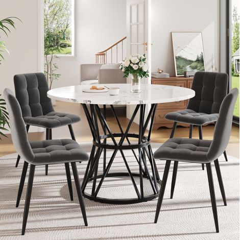 Set tavolo da pranzo rotondo 100x100x76 cm, 4 sedie, piano effetto marmo, gambe regolabili, MDF e velluto, nero e grigio (1/5)