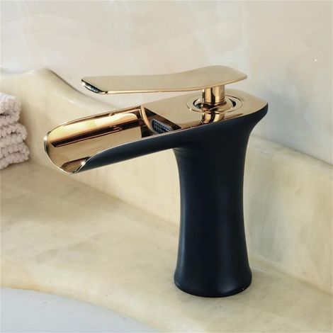 Waschbeckenarmaturen, Wasserfallarmatur, Warm- und Kaltwasserarmatur, Aufsatzarmatur, Kranauslöser, Antikbronze, Chromoberfläche (1/5)