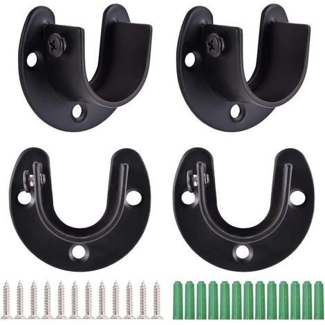 4Pcs Tringle à Rideaux en Forme de U, Support de Tringle à Penderie à Rideaux, Douilles de Poteau de Penderie en Acier Inoxydable, Support de Bride, Extrémité de Tige de Penderie avec Vis, Noir (1/5)