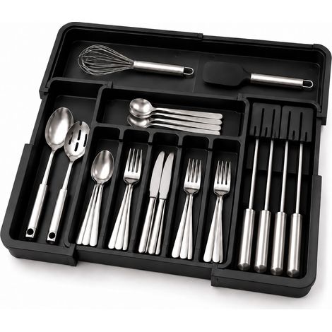 Relaxdays Cubertero Extensible, 6 a 9 Compartimentos con Bloque para Cuchillos, 5 x 33 a 56,5 x 37 a 48,5 cm, Negro (1/5)