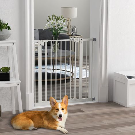Barrière de sécurité réglable pour chien 74-87 cm, barrière d'escalier et de porte animaux avec rallonge, blanc, métal et plastique, sans perçage