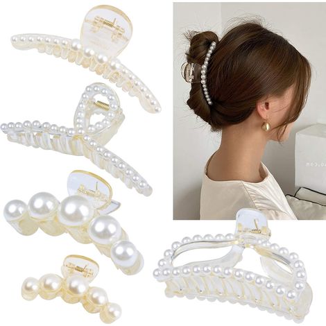 Pinza Para El Pelo Con Perlas - 5 Unidades - 4,5 Pulgadas Y 2,75 Pulgadas - Para Cabello Grueso Y Largo - Blanco Y Negro (1/5)