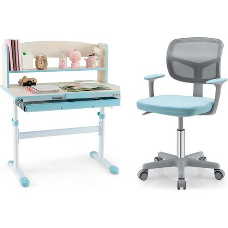 Bureau et chaise enfant bleu réglable en hauteur avec plateau inclinable, tiroir et étagères, pour chambre, étude et devoirs (1/3)