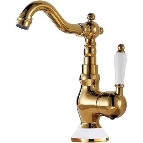 Einhebel-Schwanenhals-Dreharmatur, Einloch-Waschtischarmatur, Warm- und Kaltwasserarmatur, Gold, kurze Ausführung, Keramiksockel und -griff.