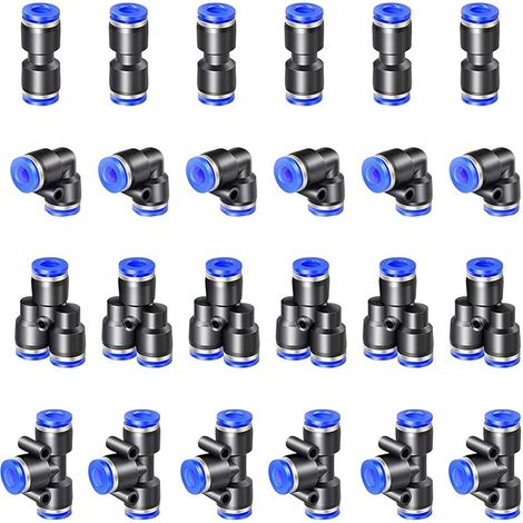24 pcs Bleu Raccords Rapides pneumatiques, Raccords Rapides Pneumatiques Tuyau Pneumatique Connecteur 4 Formes, Droits Type/Coudés Type/Y Type/T Type/Combo Connecteur Pneumatique(12mm) (1/5)