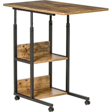 Table basse industrielle en forme de C, table de chevet design réglable en hauteur, 3 étagères et 4 roulettes avec freins, marron rustique (1/5)