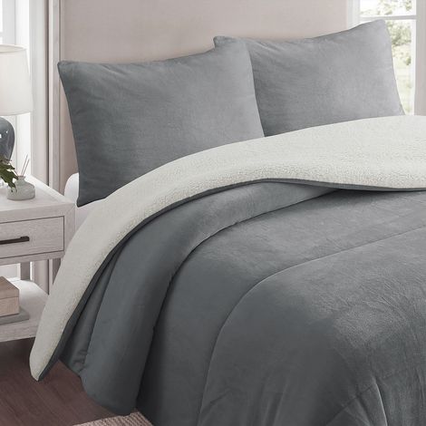 Couette polaire microfibre doublé sherpa 240x260 cm BICOLORE gris clair, par Soleil d'ocre