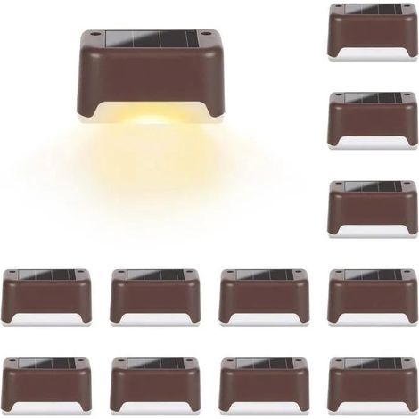 Lot de 12 lampes solaires étanches pour escaliers, marches, clôtures, jardins, terrasses et allées (marron, blanc chaud) ODIPIE (1/3)