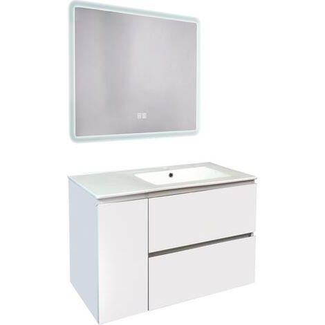 ONDEE - Mueble de Baño TRENDY - 90 cm - Blanco mate - 2 cajones y 1 puerta - Espejo ATHENA