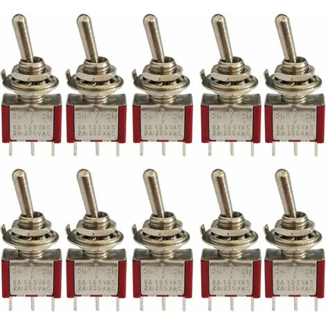10 piezas Mini interruptor de palanca, CA 125 V 6 A/250 V 2 A 3 pines SPDT ON-OFF-ON 3 pines 3 posiciones SPDT interruptor basculante autoblocante para autopartes rojo (1/5)