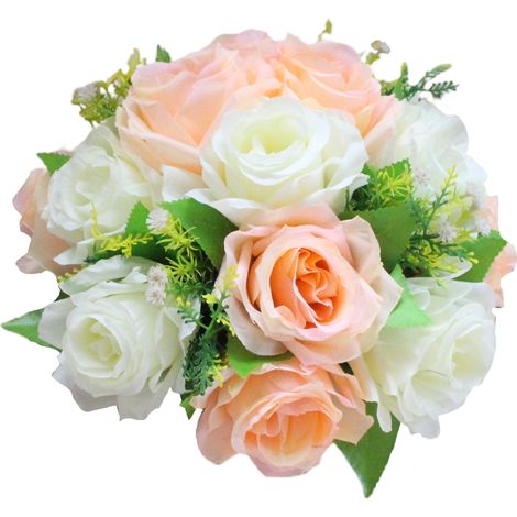 Boule de fleurs artificielles couleur Champagne blanc, Arrangement réaliste de 15 têtes pour décor de pièce maîtresse de mariage (1/5)